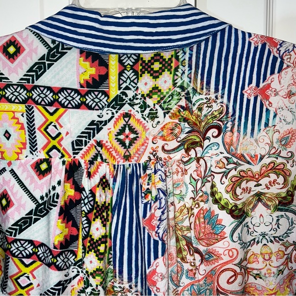 Tolani Collection Blouse Short Sleeve Button Down Paisley Blue White Stripe XXS - Picture 7 of 14